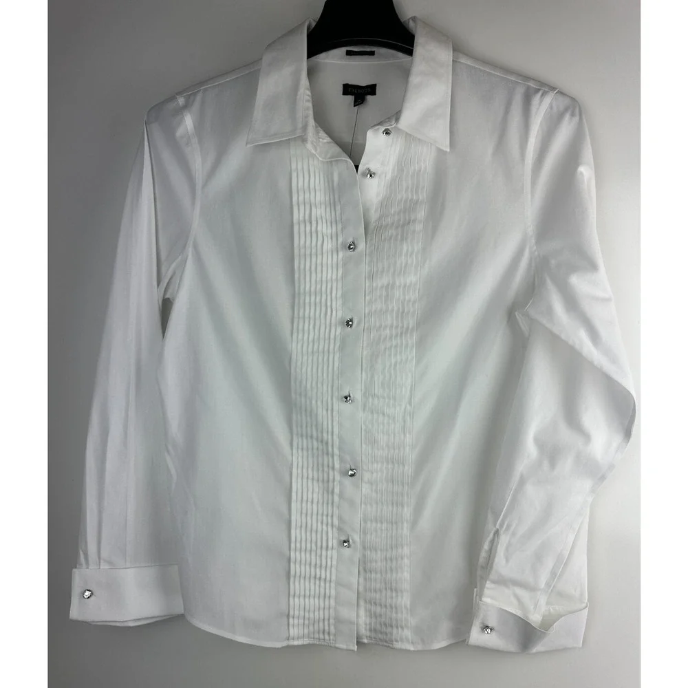NWT Talbots Pleated Diamond Button Up Shirt LS Wrinkle Resistant White Size 14 - Picture 3 of 16
